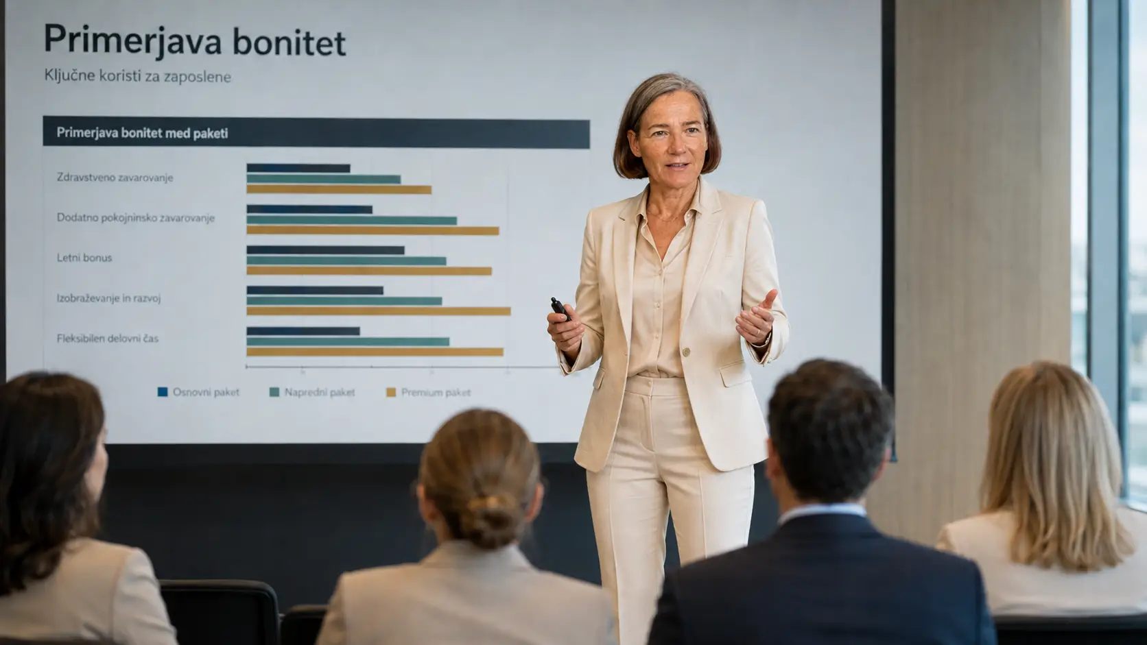 Public presentation of an HWP study on pay and benefits benchmarking to a group of HR managers.